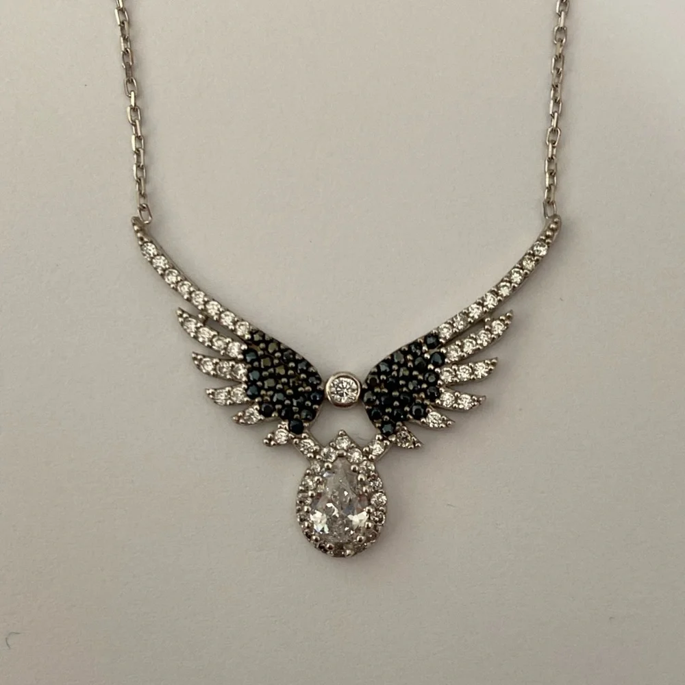 925 Silver angelwing necklace cz with big clear stone - Picture 4 of 4